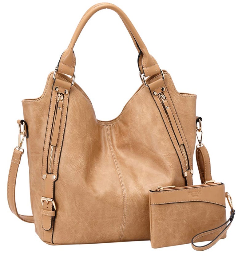 ITSCOSY Women Tote Bag Handbags PU Leather Fashion Hobo Shoulder Bags with Adjustable Shoulder Strap (L, Apricot) - Image 1